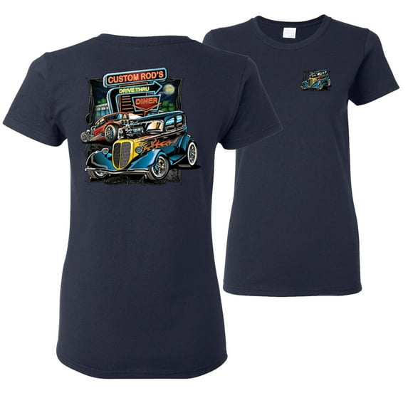Wild Bobby,Hot Custom Rods Drive Thru Diner Cars and Trucks Front and Back Womens Graphic T-Shirt, Navy, 3XL