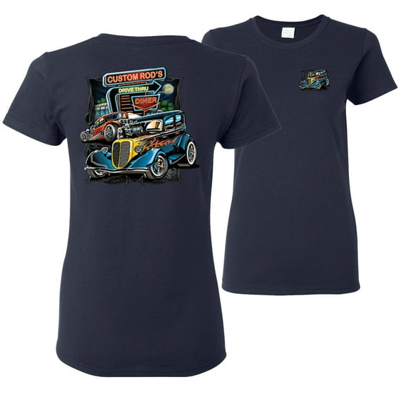 Wild Bobby,Hot Custom Rods Drive Thru Diner Cars and Trucks Front and Back Womens Graphic T-Shirt, Navy, Medium