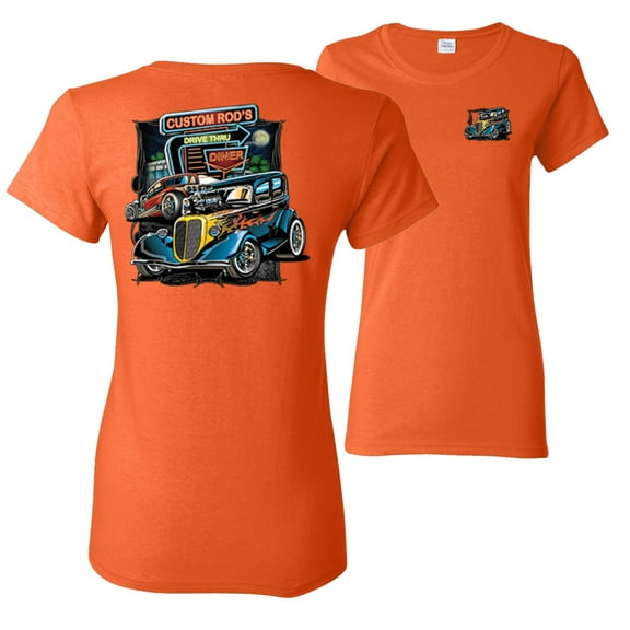 Wild Bobby,Hot Custom Rods Drive Thru Diner Cars and Trucks Front and Back Womens Graphic T-Shirt, Orange, Medium