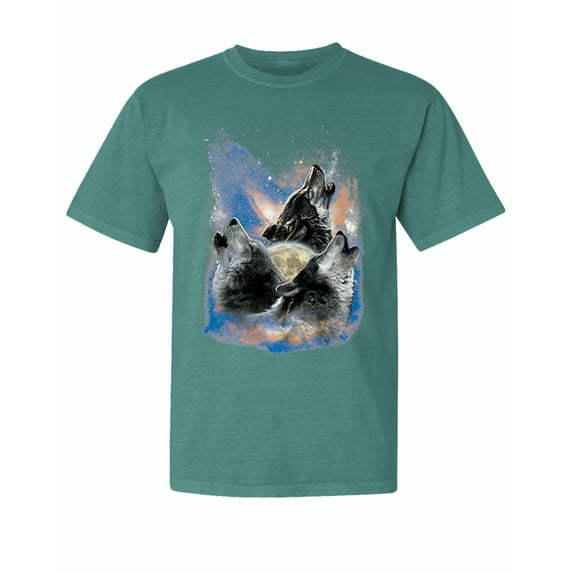 Wild Bobby, Howling Wolf Full Moon, Animal Lover, Garment-Dyed Washed Look Short Sleeve T-Shirt, Emerald, Large