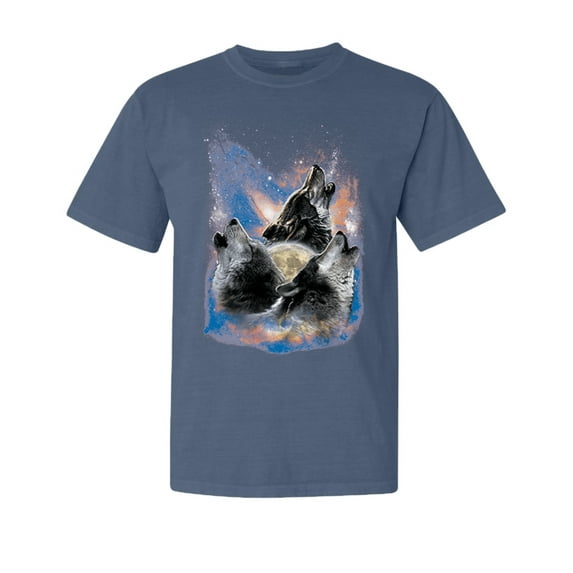 Wild Bobby, Howling Wolf Full Moon, Animal Lover, Garment-Dyed Washed Look Short Sleeve T-Shirt, Navy, Small