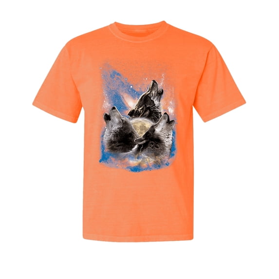 Wild Bobby, Howling Wolf Full Moon, Animal Lover, Garment-Dyed Washed Look Short Sleeve T-Shirt, Neon Orange, Small