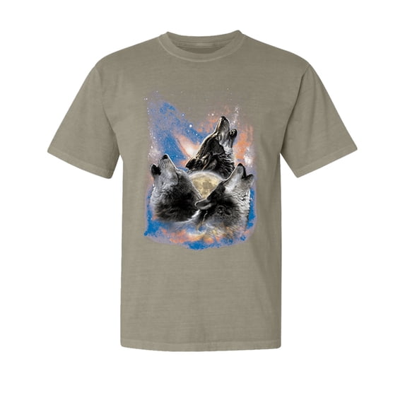 Wild Bobby, Howling Wolf Full Moon, Animal Lover, Garment-Dyed Washed Look Short Sleeve T-Shirt, Sand, Medium
