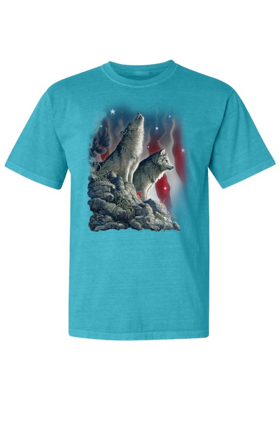 , Howling Wolves into The Night Sky with Stars and Stripes, Animal Lover, Garment-Dyed Washed Look Short Sleeve T-Shirt, Blue Lagoon, Medium