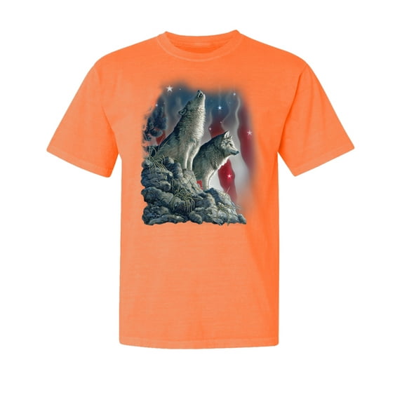 Wild Bobby, Howling Wolves into The Night Sky with Stars and Stripes, Animal Lover, Garment-Dyed Washed Look Short Sleeve T-Shirt, Neon Orange, X-Large