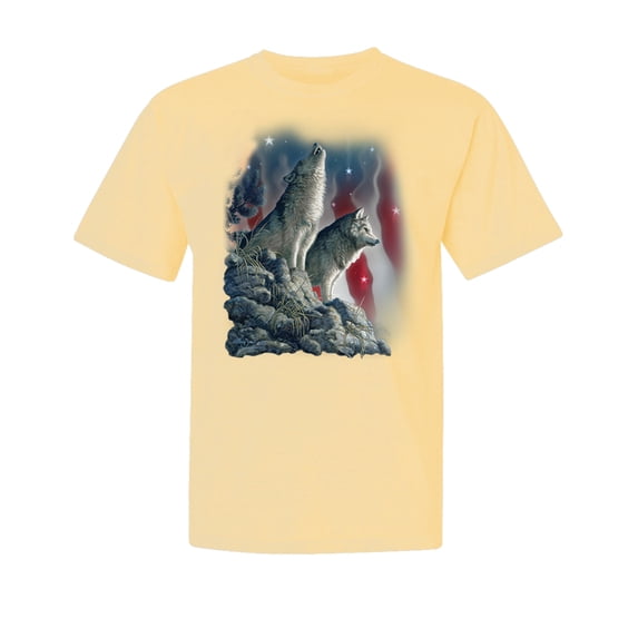 Wild Bobby, Howling Wolves into The Night Sky with Stars and Stripes, Animal Lover, Garment-Dyed Washed Look Short Sleeve T-Shirt, Banana, X-Large