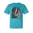 thumbnail image 1 of Wild Bobby, Howling Wolves into The Night Sky with Stars and Stripes, Animal Lover, Garment-Dyed Washed Look Short Sleeve T-Shirt, Blue Lagoon, Small, 1 of 3