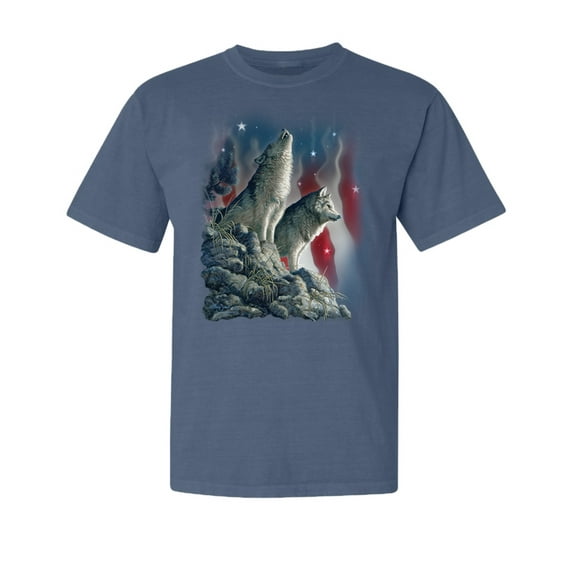Wild Bobby, Howling Wolves into The Night Sky with Stars and Stripes, Animal Lover, Garment-Dyed Washed Look Short Sleeve T-Shirt, Navy, 2XL