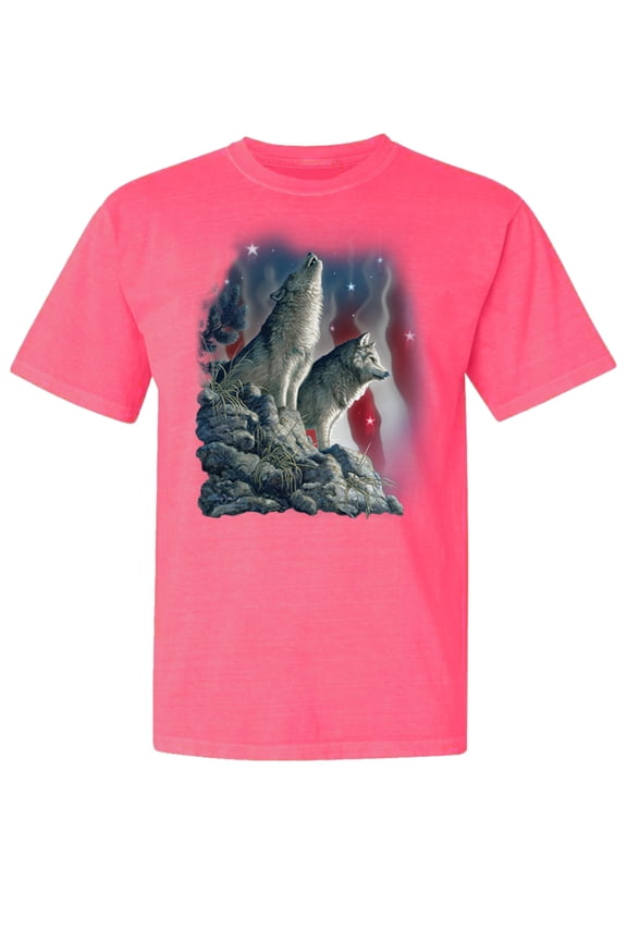 , Howling Wolves into The Night Sky with Stars and Stripes, Animal Lover, Garment-Dyed Washed Look Short Sleeve T-Shirt, Neon Pink, Small