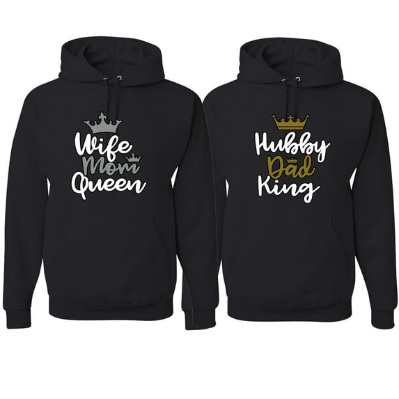 Wild Bobby, Hubby Dad King Wife Mom Queen Cute Gift His and Hers Matching Couples Hoodies Sweater Set, Black, Mens 3XL-Womens M