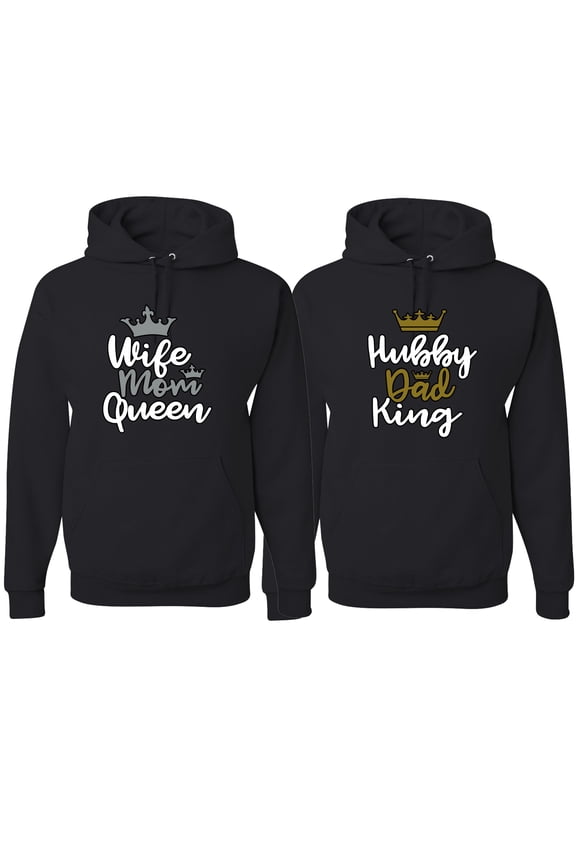 , Hubby Dad King Wife Mom Queen Cute Gift His and Hers Matching Couples Hoodies Sweater Set, Black, Mens M-Womens M