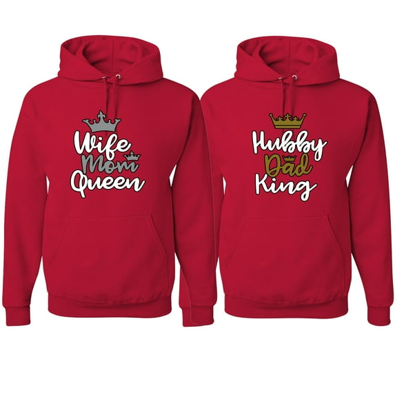 Wild Bobby, Hubby Dad King Wife Mom Queen Cute Gift His and Hers Matching Couples Hoodies Sweater Set, Red, Mens L-Womens S