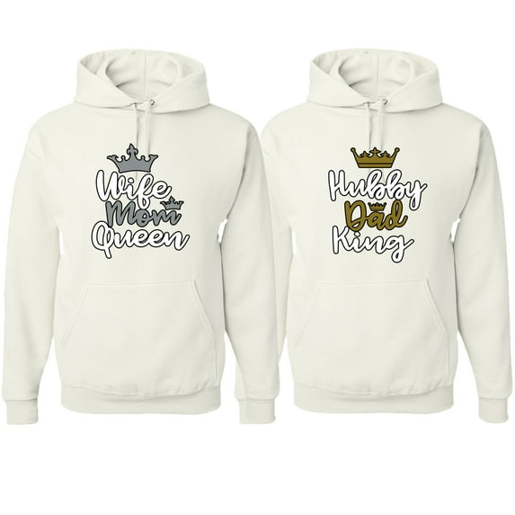 Wild Bobby, Hubby Dad King Wife Mom Queen Cute Gift His and Hers Matching Couples Hoodies Sweater Set, White, Mens S-Womens 2XL