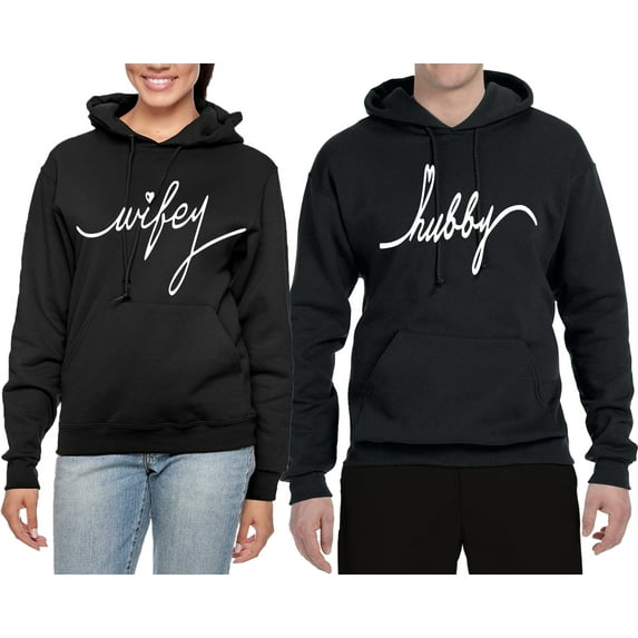 Wild Bobby, Hubby Wifey Cute Matching Couples Hoodie Sweatshirt, Black
