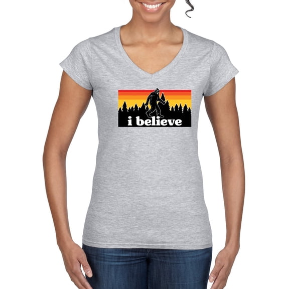 Wild Bobby I Believe Funny Retro Bigfoot Sasquatch Conspiracy Outdoor Hiking - Pop Culture Women Standard V-Neck Tee