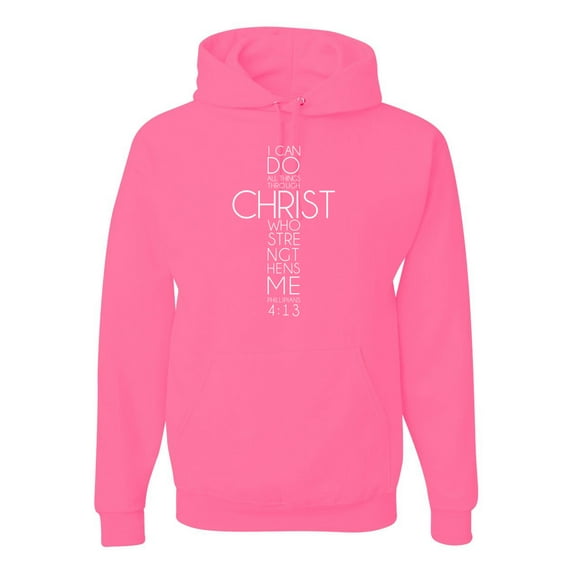 Wild Bobby, I Can Do All Things Through Christ Phillipians 4:13 Jesus Strong, Inspirational/Christian, Unisex Graphic Hoodie Sweatshirt, Neon Pink, Small