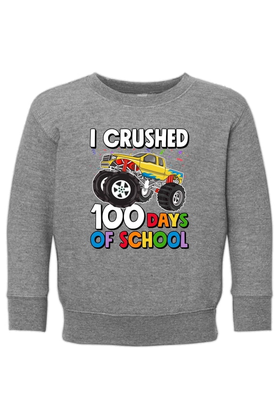 I Crushed 100 Days of School Monster Truck, 100 Days of School 2024 2025 Design for Kids Youth Boys Girls School Toddler Fleece Crewneck Sweatshirt