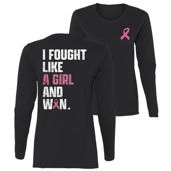 Wild Bobby I Fought Like A Girl and Won Breast Cancer Awareness Front and Back Womens Graphic Long Sleeve T-Shirt, Black, Large