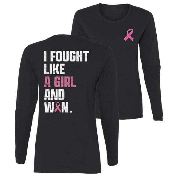 Wild Bobby I Fought Like A Girl and Won Breast Cancer Awareness Front and Back Womens Graphic Long Sleeve T-Shirt, Black, Small