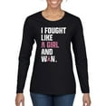 thumbnail image 1 of Wild Bobby I Fought Like A Girl and Won Breast Cancer Awareness Women Graphic Long Sleeve Tee, Black, Small, 1 of 6