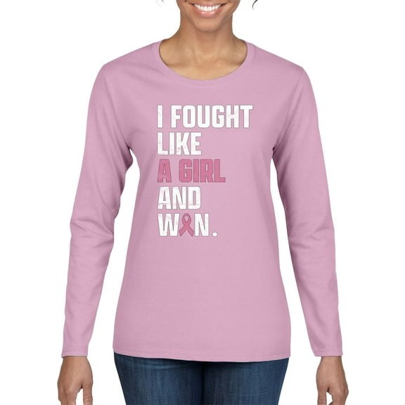 Wild Bobby I Fought Like A Girl and Won Breast Cancer Awareness Women Graphic Long Sleeve Tee, Light Pink, Large