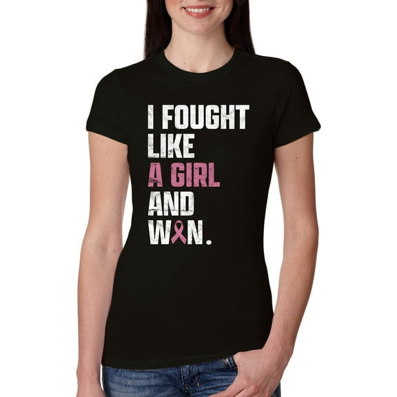 Wild Bobby I Fought Like A Girl and Won Breast Cancer Awareness Women Slim Fit Junior Tee, Black, Large