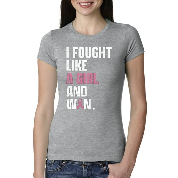Wild Bobby I Fought Like A Girl and Won Breast Cancer Awareness Women Slim Fit Junior Tee, Heather Grey, XX-Large