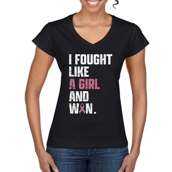 Wild Bobby I Fought Like A Girl and Won Breast Cancer Awareness Women Standard V-Neck Tee, Black, Medium