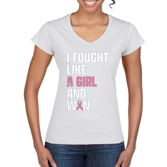 Wild Bobby I Fought Like A Girl and Won Breast Cancer Awareness Women Standard V-Neck Tee, White, X-Large