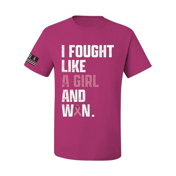 Wild Bobby I Fought Like A Girl and Won US Flag Breast Cancer Awareness Men Tee, Fuschia, 4X-Large