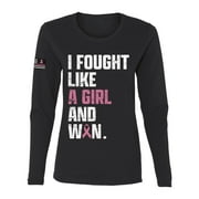 Wild Bobby I Fought Like A Girl and Won US Flag Breast Cancer Awareness Women Graphic Long Sleeve Tee, Black, Medium