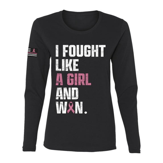 Wild Bobby I Fought Like A Girl and Won US Flag Breast Cancer Awareness Women Graphic Long Sleeve Tee, Black, Small