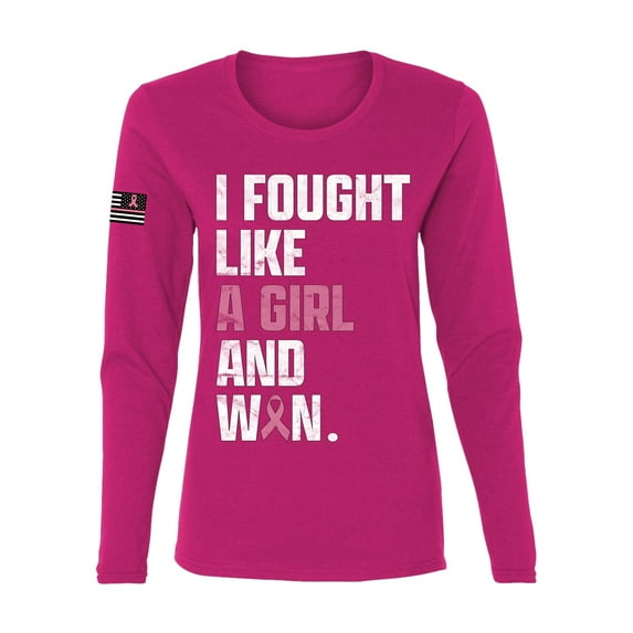 Wild Bobby I Fought Like A Girl and Won US Flag Breast Cancer Awareness Women Graphic Long Sleeve Tee, Fuschia, X-Large