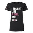 thumbnail image 1 of Wild Bobby I Fought Like A Girl and Won US Flag Breast Cancer Awareness Women Graphic Tee, Black, Small, 1 of 5
