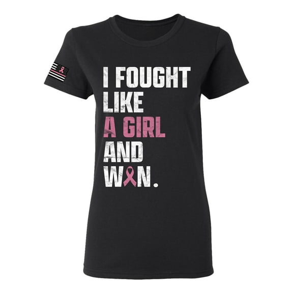 Wild Bobby I Fought Like A Girl and Won US Flag Breast Cancer Awareness Women Graphic Tee, Black, Small