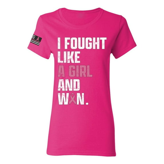 Wild Bobby I Fought Like A Girl and Won US Flag Breast Cancer Awareness Women Graphic Tee, Fuschia, Small