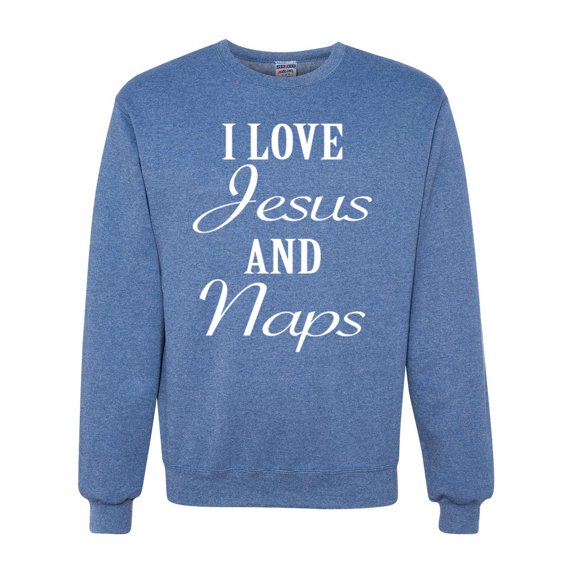 Wild Bobby I Love Jesus and Naps Inspirational/Christian Unisex Crewneck Graphic Sweatshirt, Vintage Heather Blue, Medium