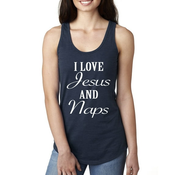 Wild Bobby I Love Jesus and Naps Inspirational/Christian Women Racerback Tank Top, Navy, Medium