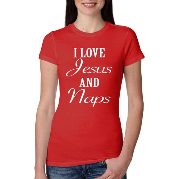 Wild Bobby I Love Jesus and Naps Inspirational/Christian Women Slim Fit Junior Tee, Red, Medium