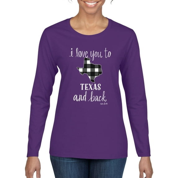 Wild Bobby, I Love You To Texas And Back Plaid Pop Culture Womens Graphic Long Sleeve T-Shirt, Purple, X-Large