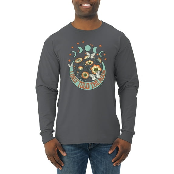 Wild Bobby I Only Told The Moon, Moon Phases Daisies and Butterflies Vintage Men Long Sleeve Shirt, Charcoal, Medium
