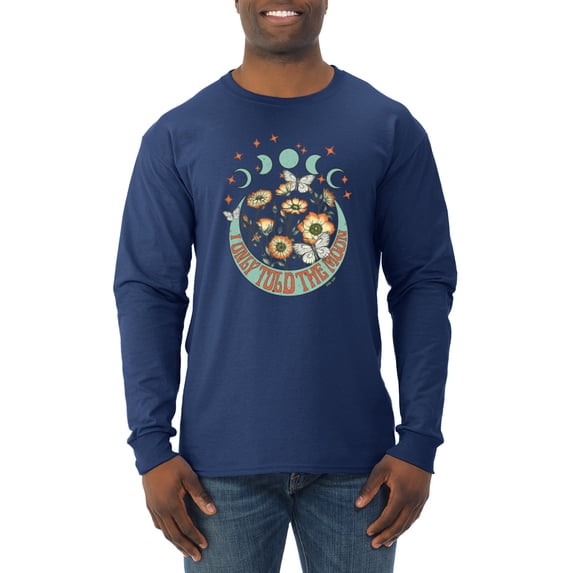 Wild Bobby I Only Told The Moon, Moon Phases Daisies and Butterflies Vintage Men Long Sleeve Shirt, Navy, Large