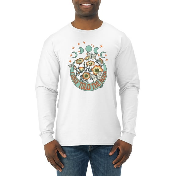 Wild Bobby I Only Told The Moon, Moon Phases Daisies and Butterflies Vintage Men Long Sleeve Shirt, White, Small