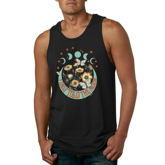 Wild Bobby I Only Told The Moon, Moon Phases Daisies and Butterflies Vintage Men Tank Top, Black, Small
