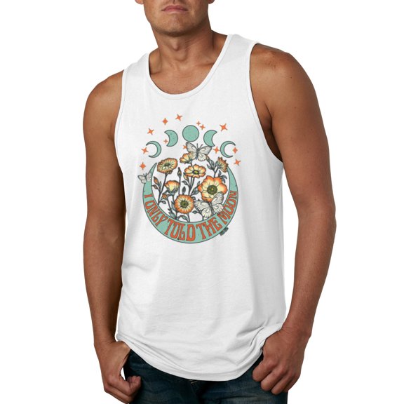 Wild Bobby I Only Told The Moon, Moon Phases Daisies and Butterflies Vintage Men Tank Top, White, Large