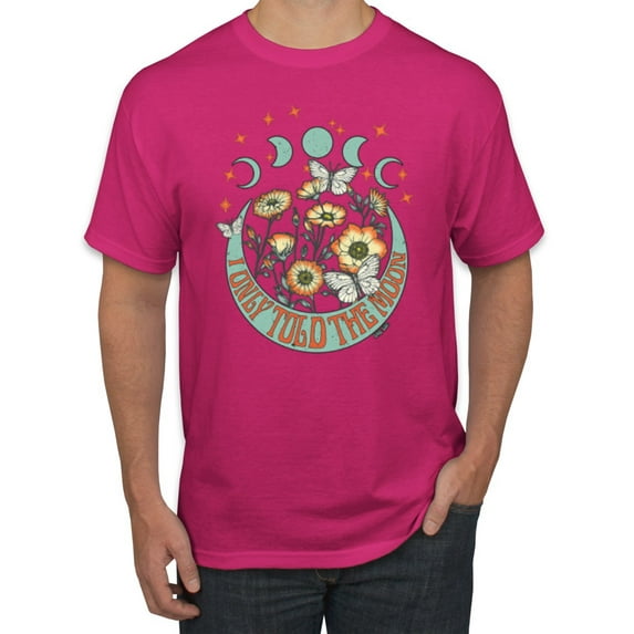 Wild Bobby I Only Told The Moon, Moon Phases Daisies and Butterflies Vintage Men Tee, Fuschia, Large