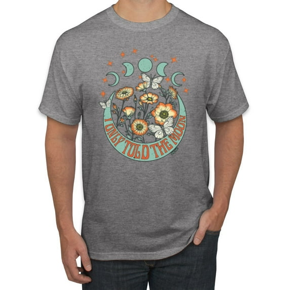 Wild Bobby I Only Told The Moon, Moon Phases Daisies and Butterflies Vintage Men Tee, Heather Grey, 4X-Large