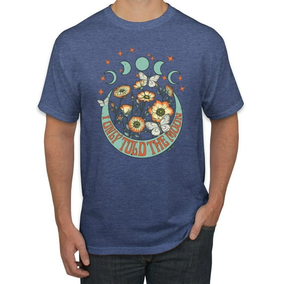 Wild Bobby I Only Told The Moon, Moon Phases Daisies and Butterflies Vintage Men Tee, Vintage Heather Blue, 4X-Large