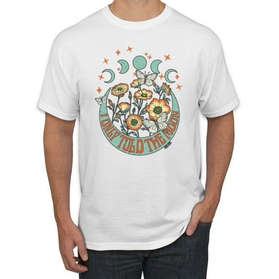 Wild Bobby I Only Told The Moon, Moon Phases Daisies and Butterflies Vintage Men Tee, White, 5X-Large