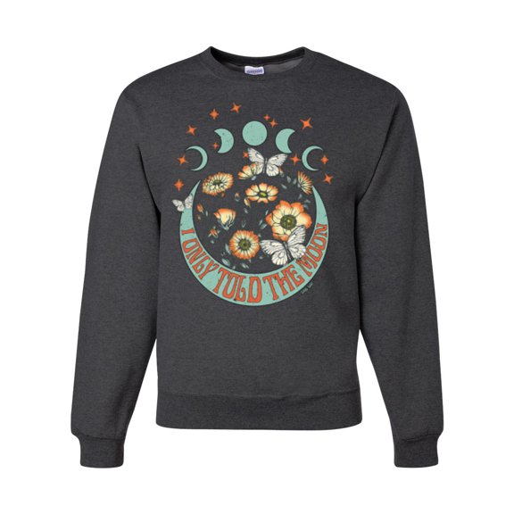 Wild Bobby I Only Told The Moon, Moon Phases Daisies and Butterflies Vintage Unisex Crewneck Sweatshirt, Heather Black, Small